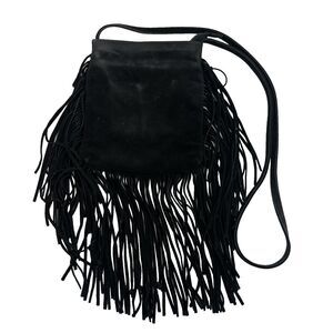Monserat de Lucca Black Suede Fringe Trim Purse Crossbody Bag Zip Festival Boho